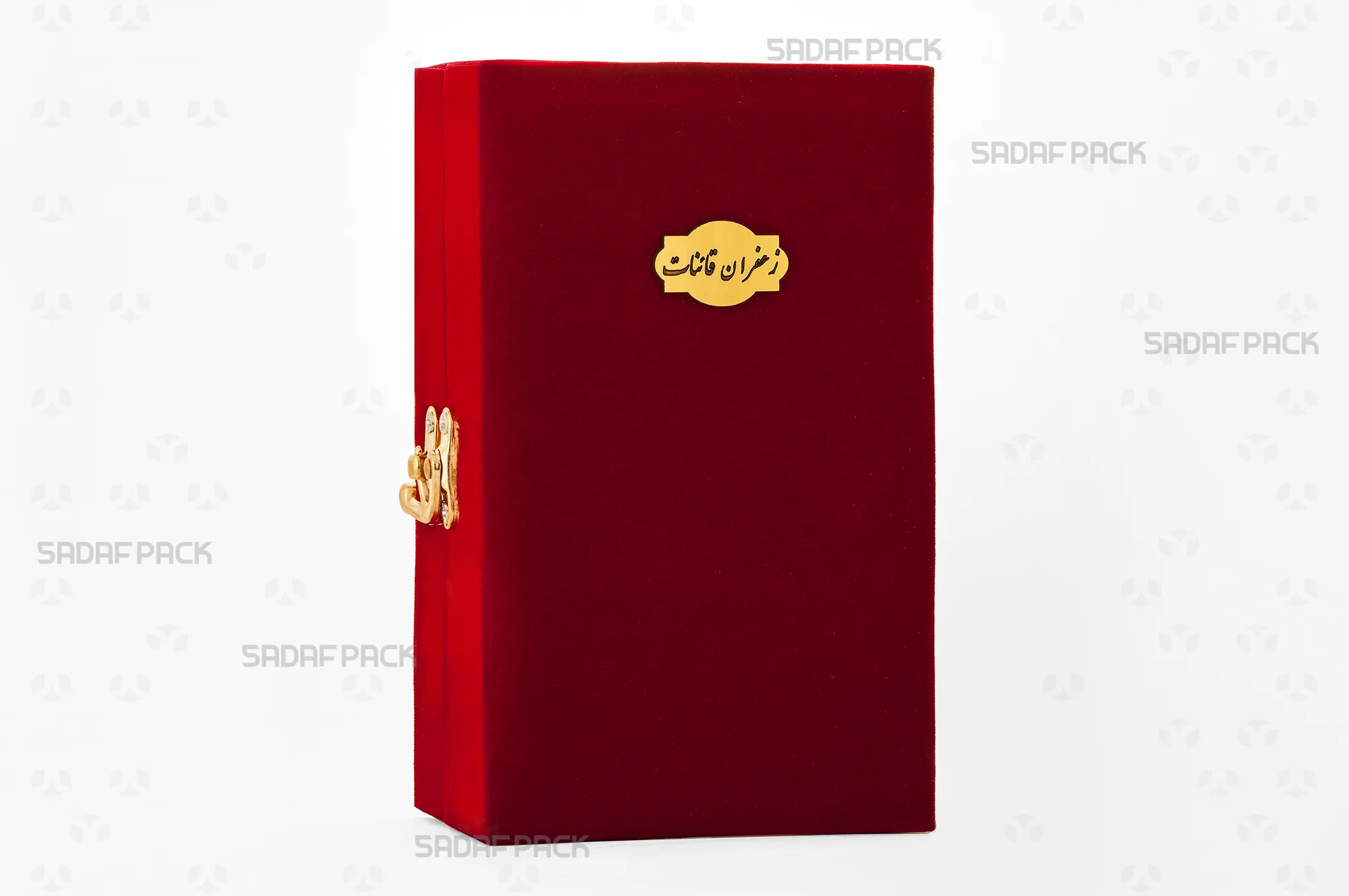باکس مخملی زعفران صدف پک با روکش مخمل قرمز، چارچوب چوبی، قفل طلایی و لوگوی حکاکی شده برای بستهبندی لوکس الماس بزرگ هدیه صادرات و سوغات