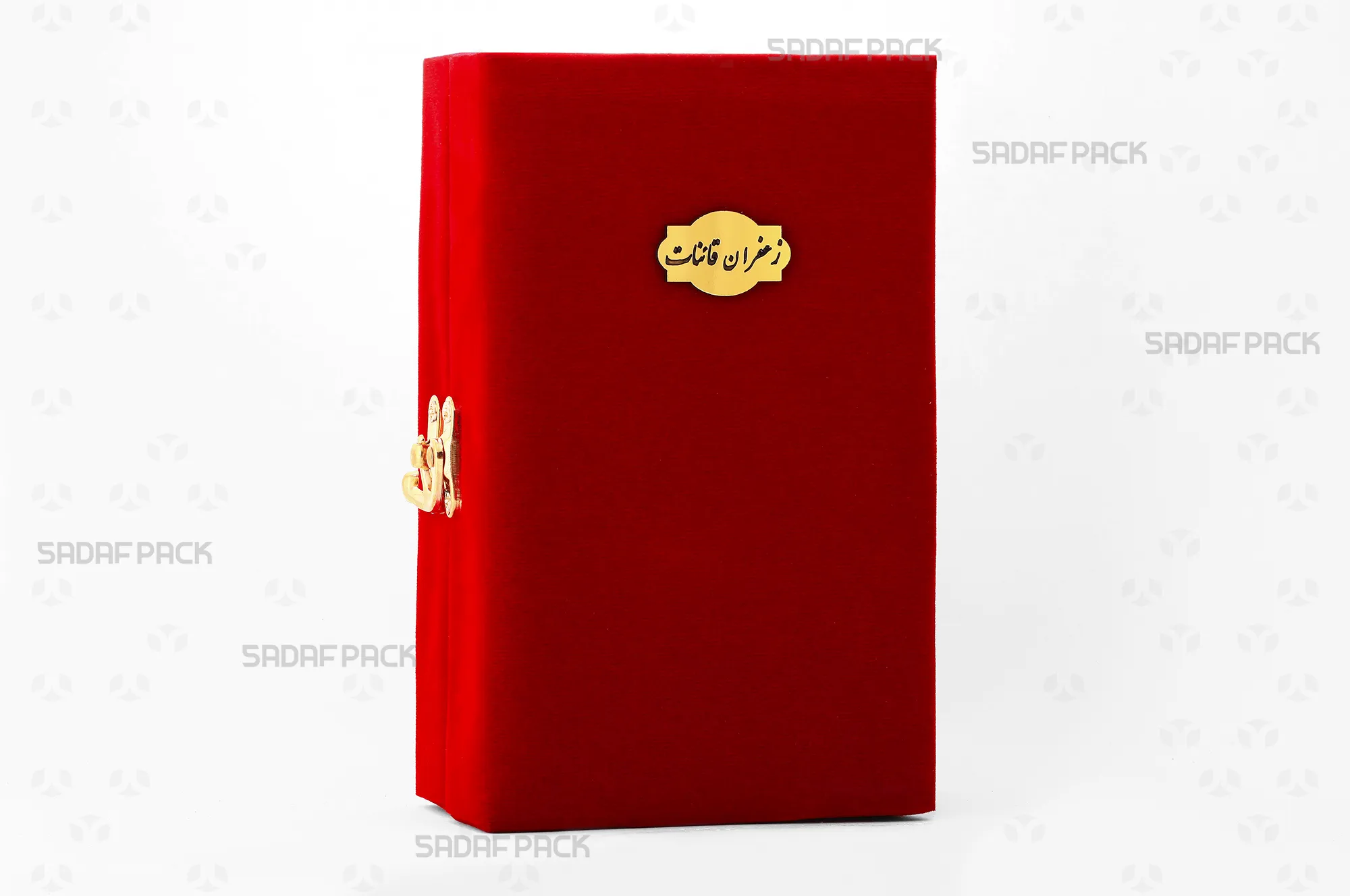 باکس مخملی زعفران صدف پک با روکش مخمل قرمز، چارچوب چوبی، قفل طلایی و لوگوی حکاکی شده برای بستهبندی لوکس آذین بزرگ هدیه صادرات و سوغات