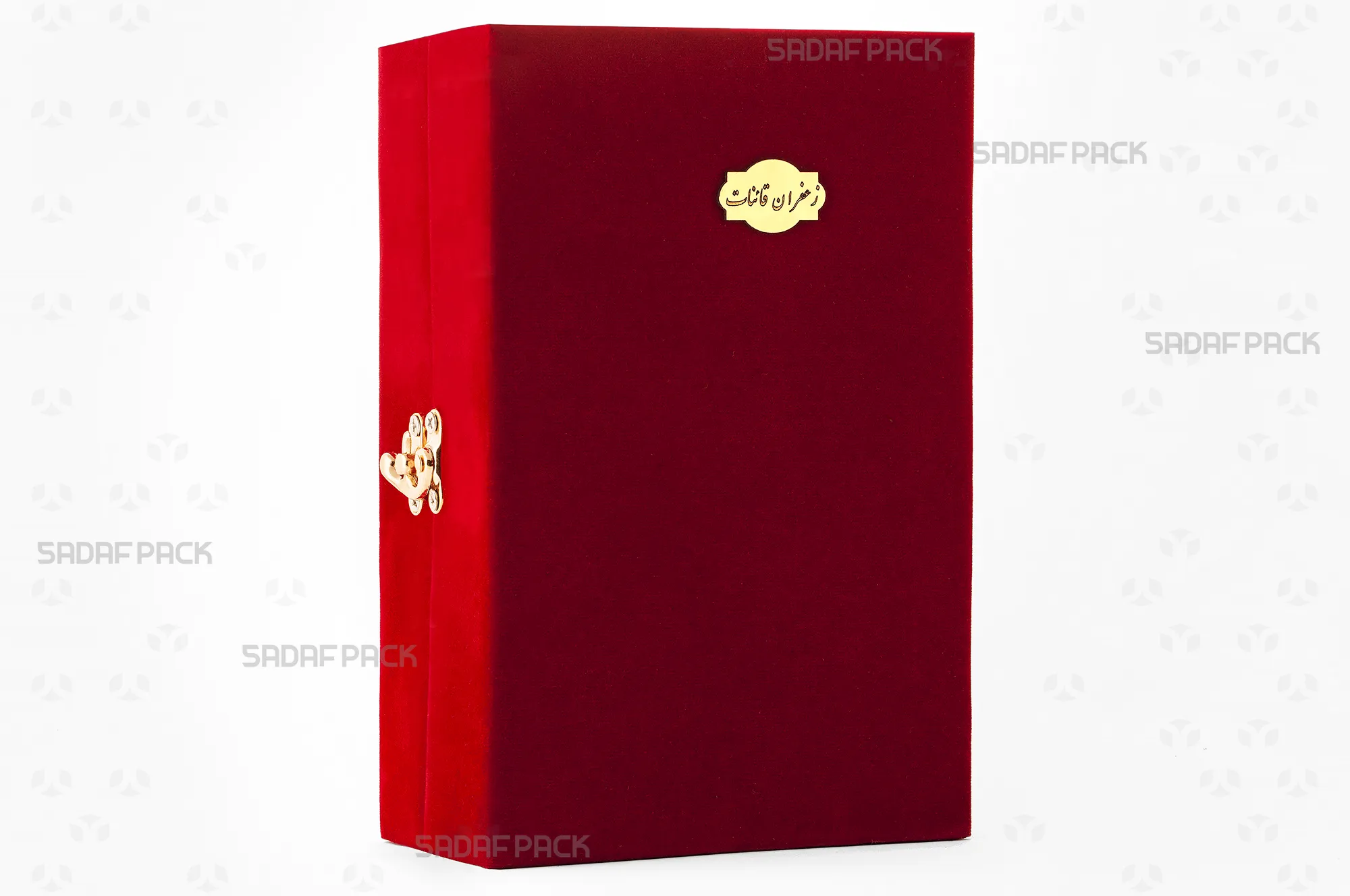 باکس مخملی زعفران صدف پک با روکش مخمل قرمز، چارچوب چوبی، قفل طلایی و لوگوی حکاکی شده برای بستهبندی لوکس گوهر لارج هدیه صادرات و سوغات