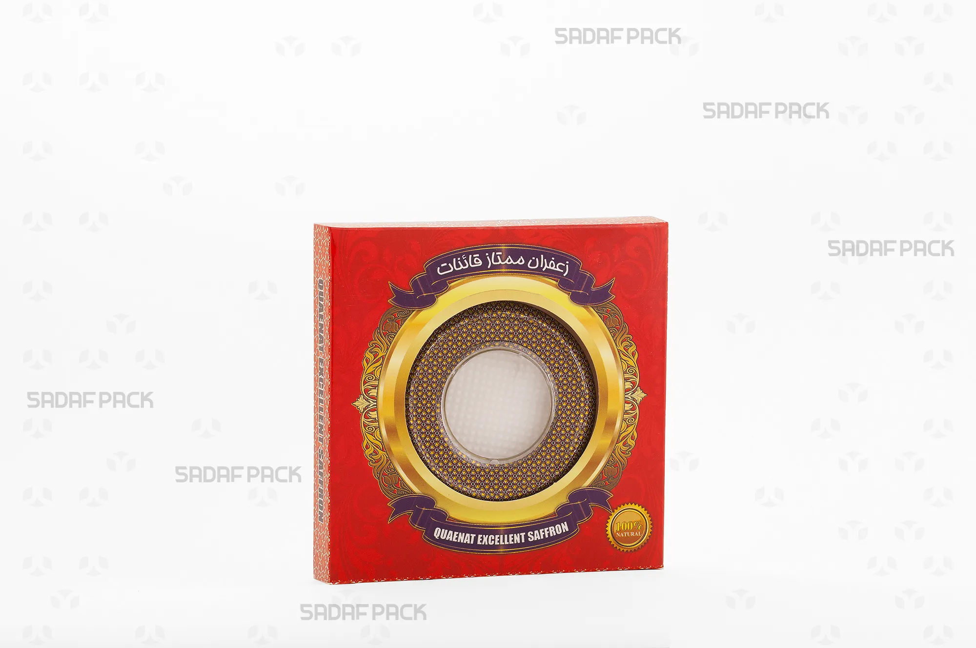 باکس مقوایی قرمز قوطی 6/5 فلزی اسپانیا صدف پک با قوطی 6/5 فلزی اسپانیا در داخل برای بستهبندی لوکس هدیه صادرات و سوغات مشهد