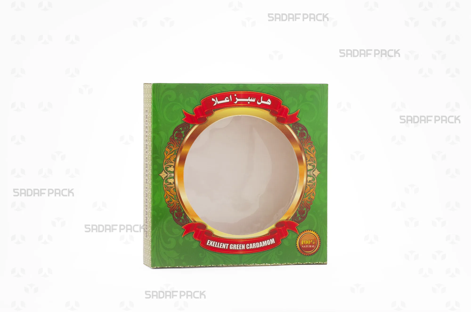 باکس مقوایی سبز خالی صدف پک مناسب قوطی 5 گرم فلزی، نمایش ساختار محکم ایندربورد، پنجره طلقی شفاف و مقر داخلی برای نگهداری قوطی، ایده آل برای هل