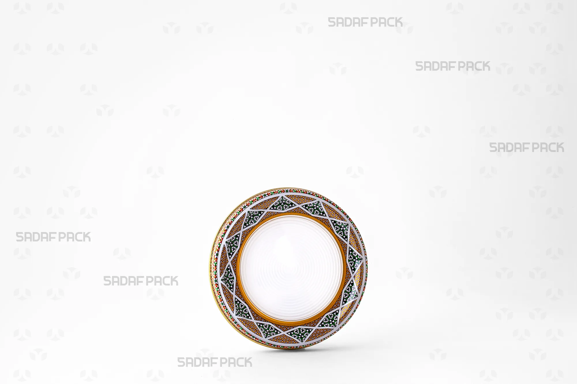 نمای سهرخ قوطی 12 فلزی اسپانیا کف صاف صدف پک، طراحی شده برای بستهبندی زعفران و خشکبار