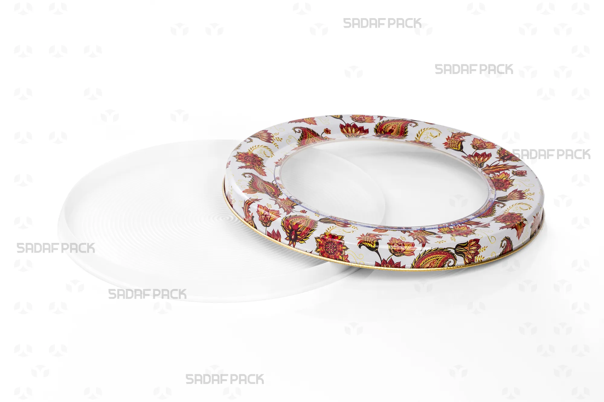 نمای بالا از قوطی 17 فلزی اسپانیا کف صاف خالی با طرح ترنج سفید و درب باز، نمایش دهنده فضای داخلی و طرح روی قوطی.