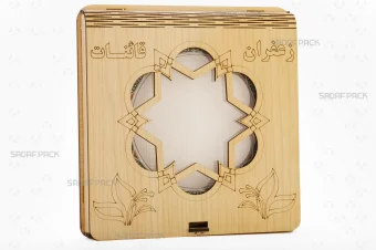باکس چوبی فلزی صدف پک با جنس MDF و حکاکی لیزری با قوطی 12 فلزی اسپانیا برای بستهبندی لوکس زعفران هدیه صادرات و سوغات مشهد