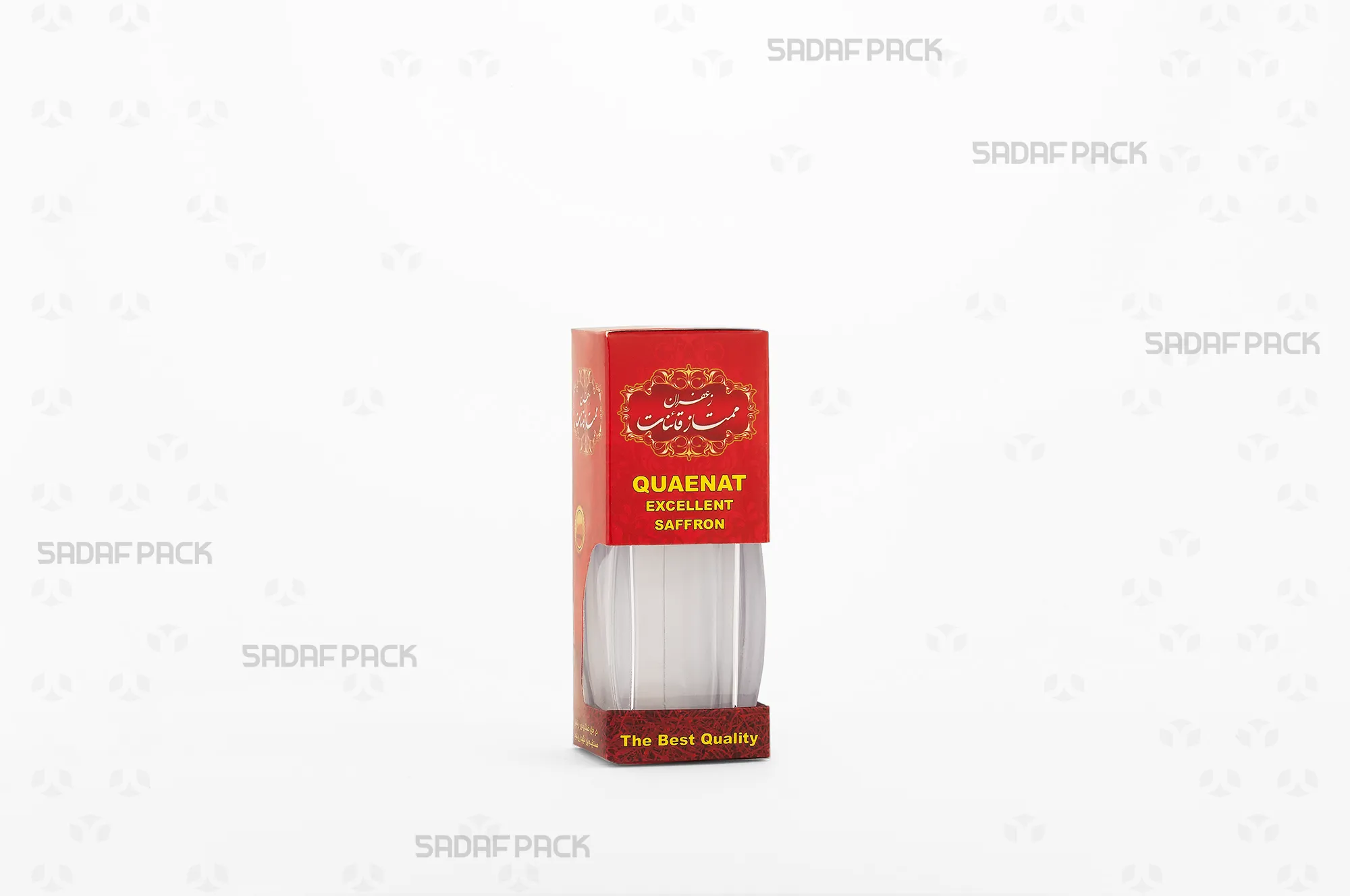 باکس مقوایی قرمز قوطی کریستالی آذین کوچک صدف پک با پنجره شفاف و قوطی کریستالی آذین کوچک برای بستهبندی زعفران هدیه صادرات و سوغات