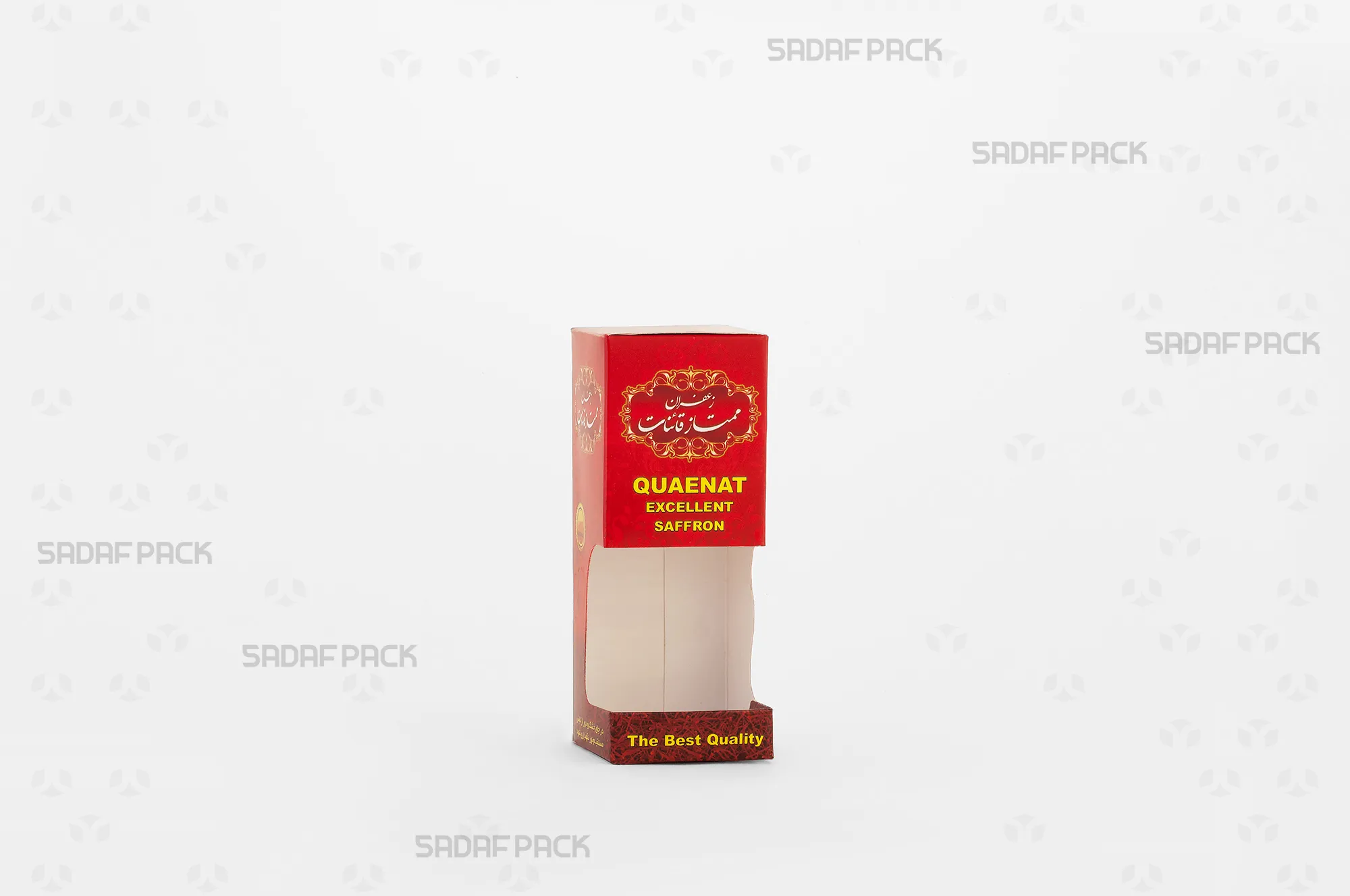 باکس مقوایی قرمز قوطی کریستالی آذین کوچک صدف پک با پنجره شفاف مناسب بستهبندی زعفران برای هدیه و صادرات