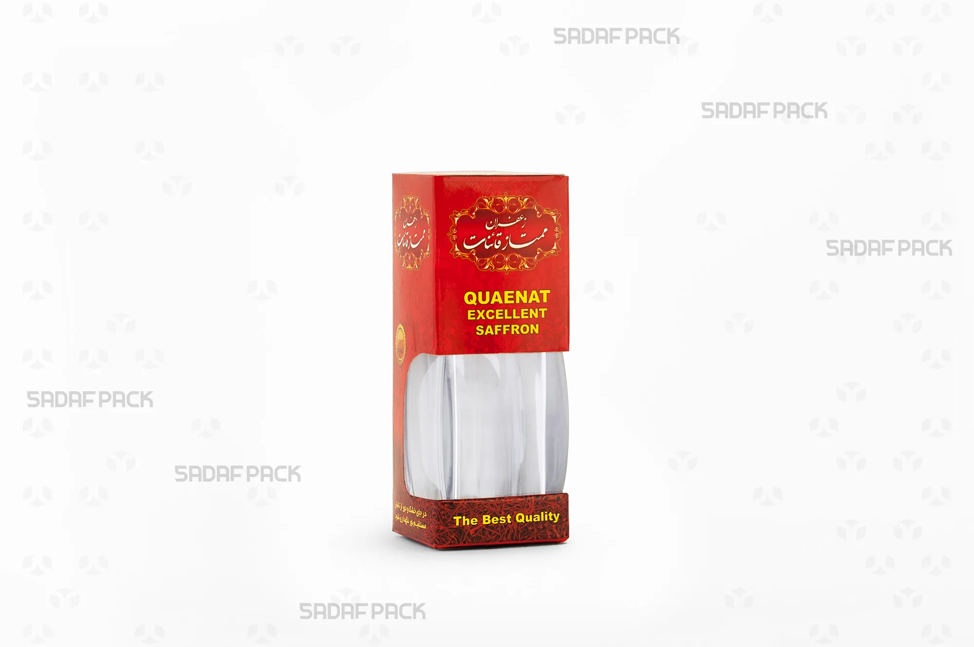 باکس مقوایی قرمز قوطی کریستالی آذین متوسط صدف پک با پنجره شفاف و قوطی کریستالی آذین متوسط برای بستهبندی زعفران هدیه صادرات و سوغات