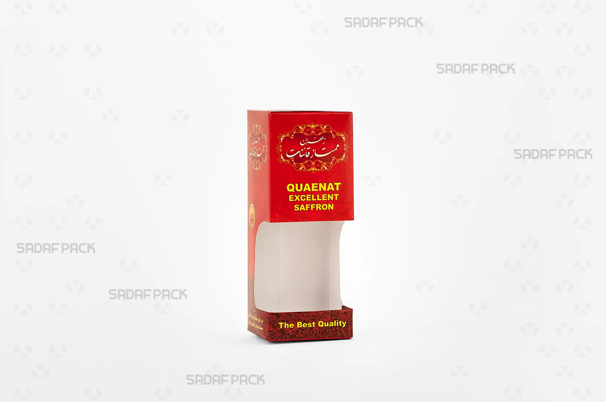 باکس مقوایی قرمز قوطی کریستالی آذین متوسط صدف پک با پنجره شفاف مناسب بستهبندی زعفران برای هدیه و صادرات