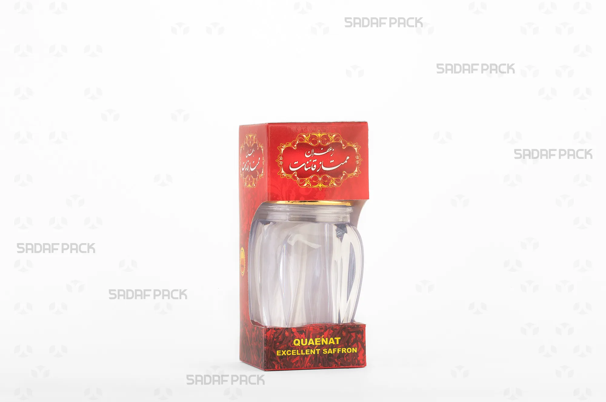 باکس مقوایی قرمز قوطی کریستالی گوهر بزرگ صدف پک با پنجره شفاف و قوطی کریستالی گوهر بزرگ برای بستهبندی زعفران هدیه صادرات و سوغات