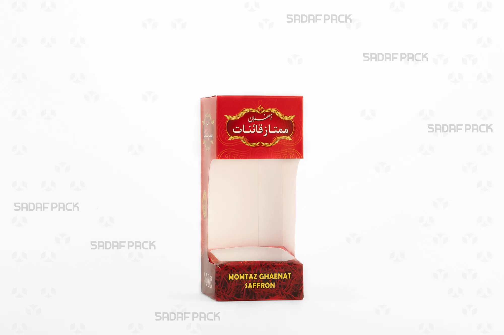 باکس مقوایی قرمز قوطی کریستالی گوهر بزرگ صدف پک با پنجره شفاف مناسب بستهبندی زعفران برای هدیه و صادرات