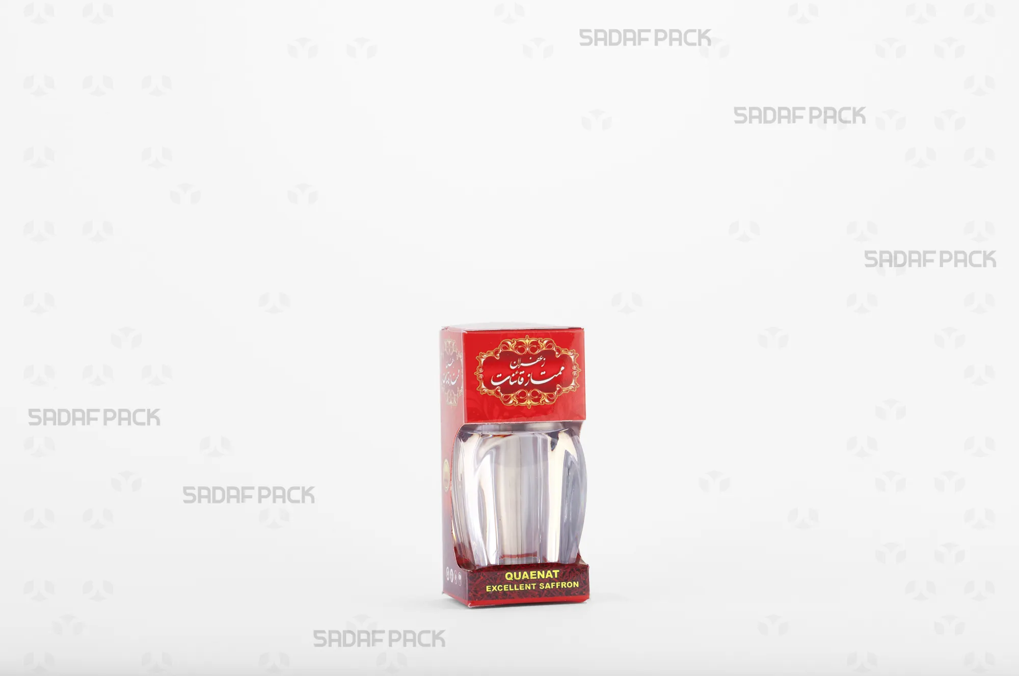 باکس مقوایی قرمز قوطی کریستالی گوهر کوچک صدف پک با پنجره شفاف و قوطی کریستالی گوهر کوچک برای بستهبندی زعفران هدیه صادرات و سوغات