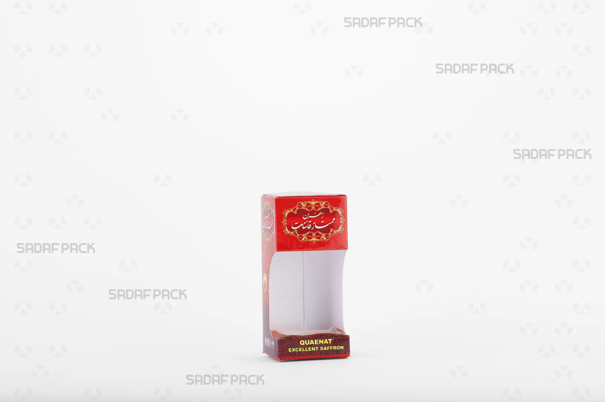 باکس مقوایی قرمز قوطی کریستالی گوهر کوچک صدف پک با پنجره شفاف مناسب بستهبندی زعفران برای هدیه و صادرات