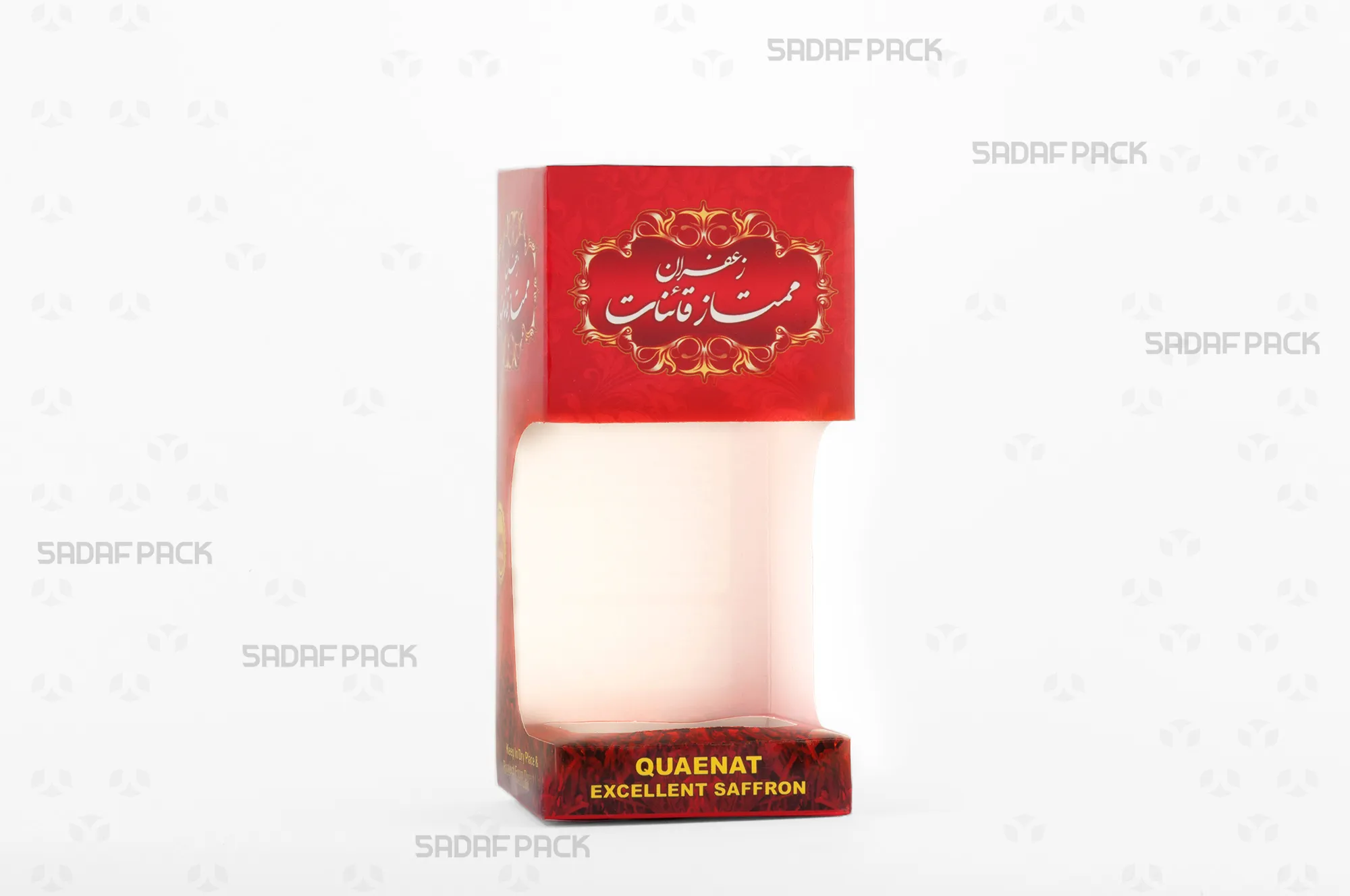 باکس مقوایی قرمز قوطی کریستالی گوهر لارج صدف پک با پنجره شفاف مناسب بستهبندی زعفران برای هدیه و صادرات