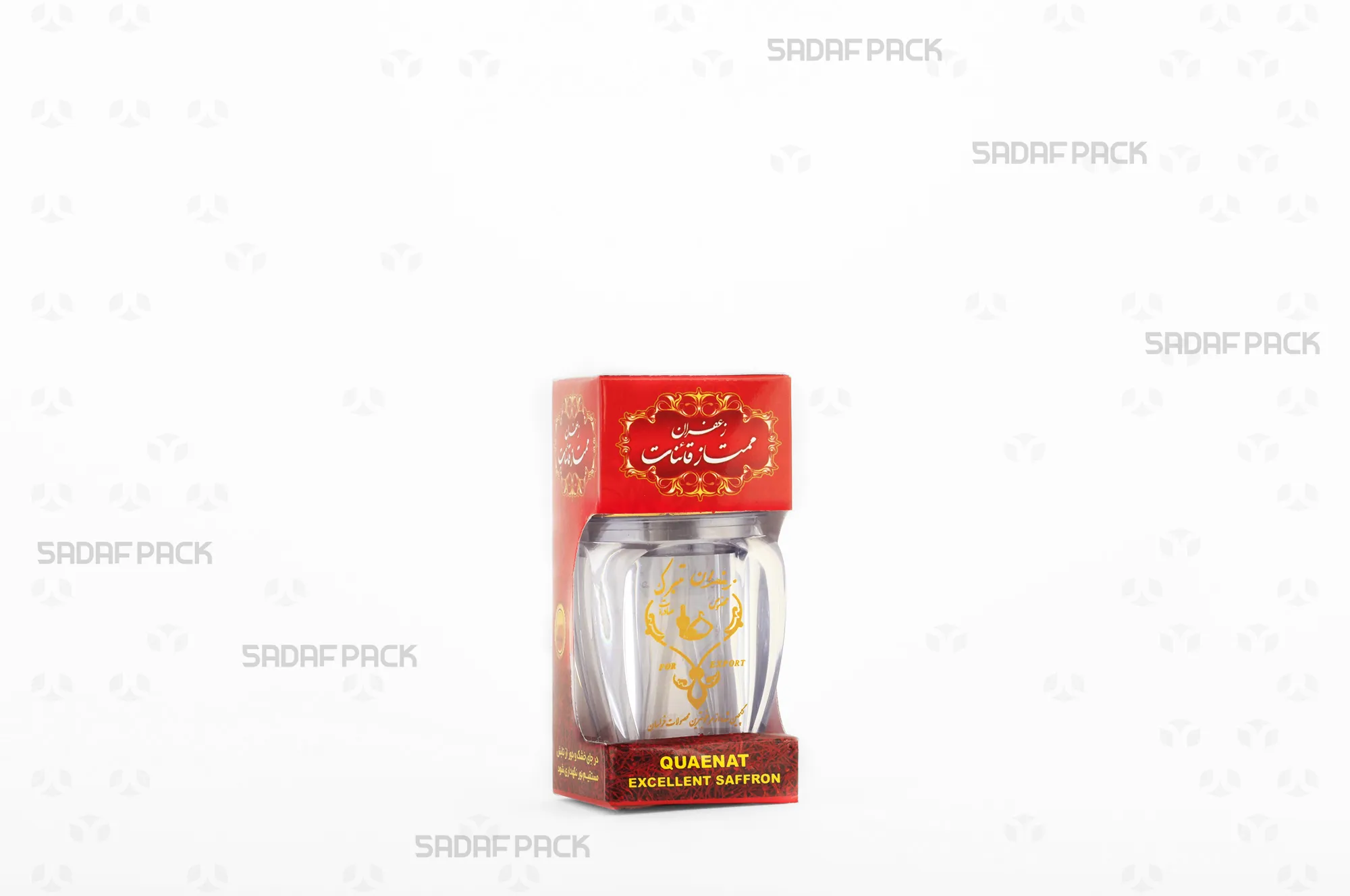 باکس مقوایی قرمز قوطی کریستالی گوهر متوسط صدف پک با پنجره شفاف و قوطی کریستالی گوهر متوسط برای بستهبندی زعفران هدیه صادرات و سوغات