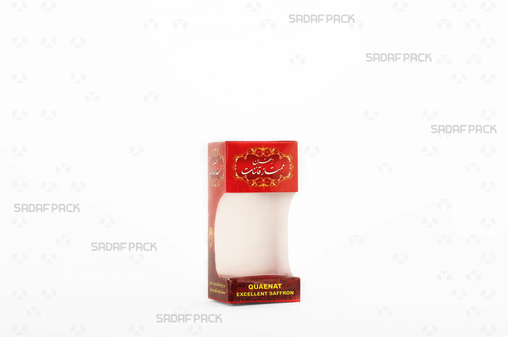 باکس مقوایی قرمز قوطی کریستالی گوهر متوسط صدف پک با پنجره شفاف مناسب بستهبندی زعفران برای هدیه و صادرات