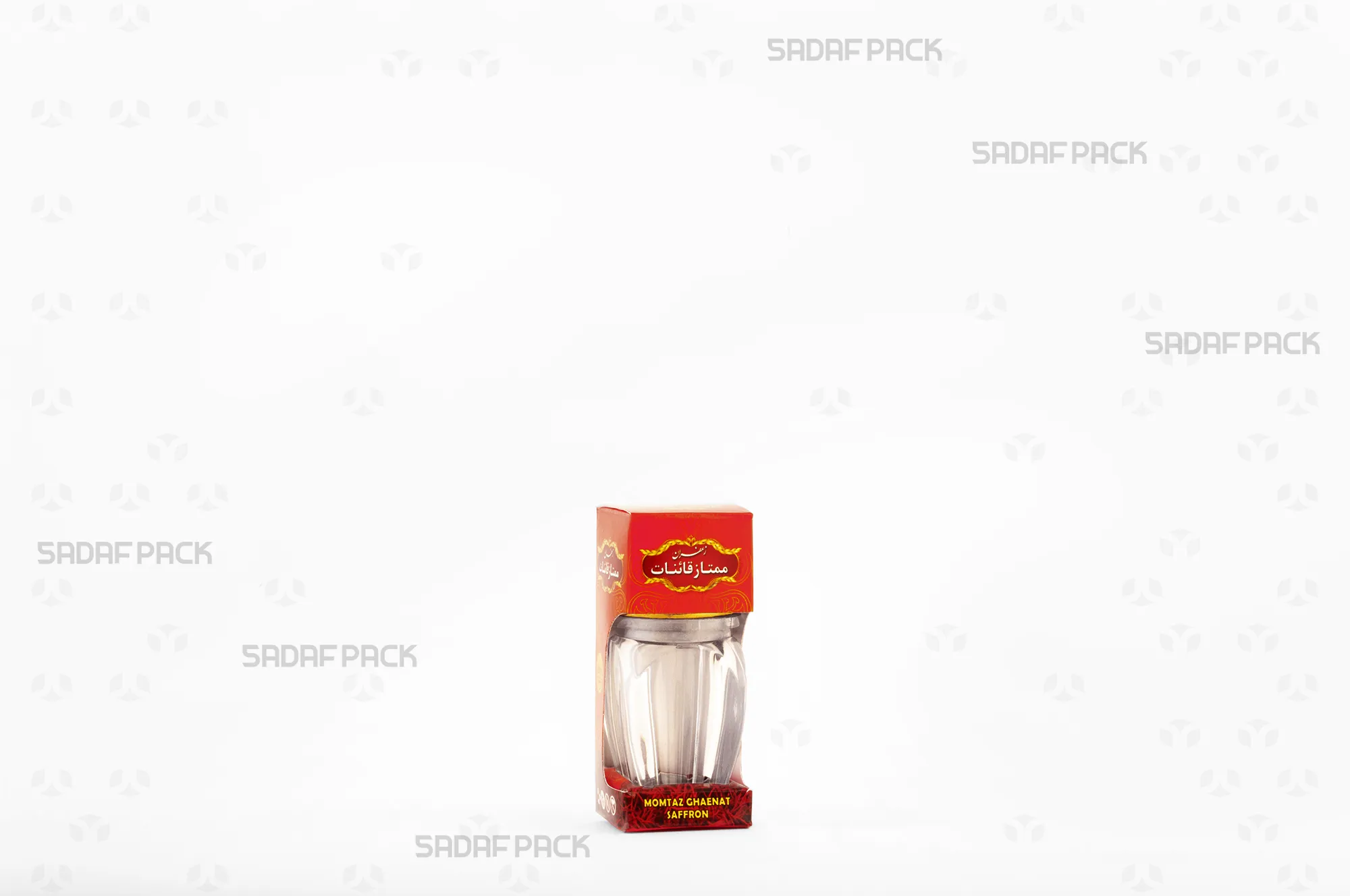 باکس مقوایی قرمز قوطی کریستالی گوهر نقلی صدف پک با پنجره شفاف و قوطی کریستالی گوهر نقلی برای بستهبندی زعفران هدیه صادرات و سوغات