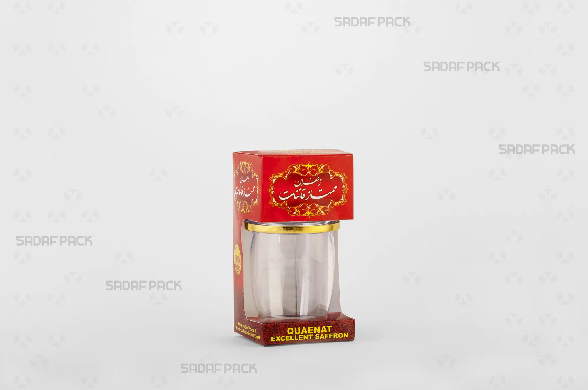 باکس مقوایی قرمز قوطی کریستالی میلاد متوسط صدف پک با پنجره شفاف و قوطی کریستالی میلاد متوسط برای بستهبندی زعفران هدیه صادرات و سوغات