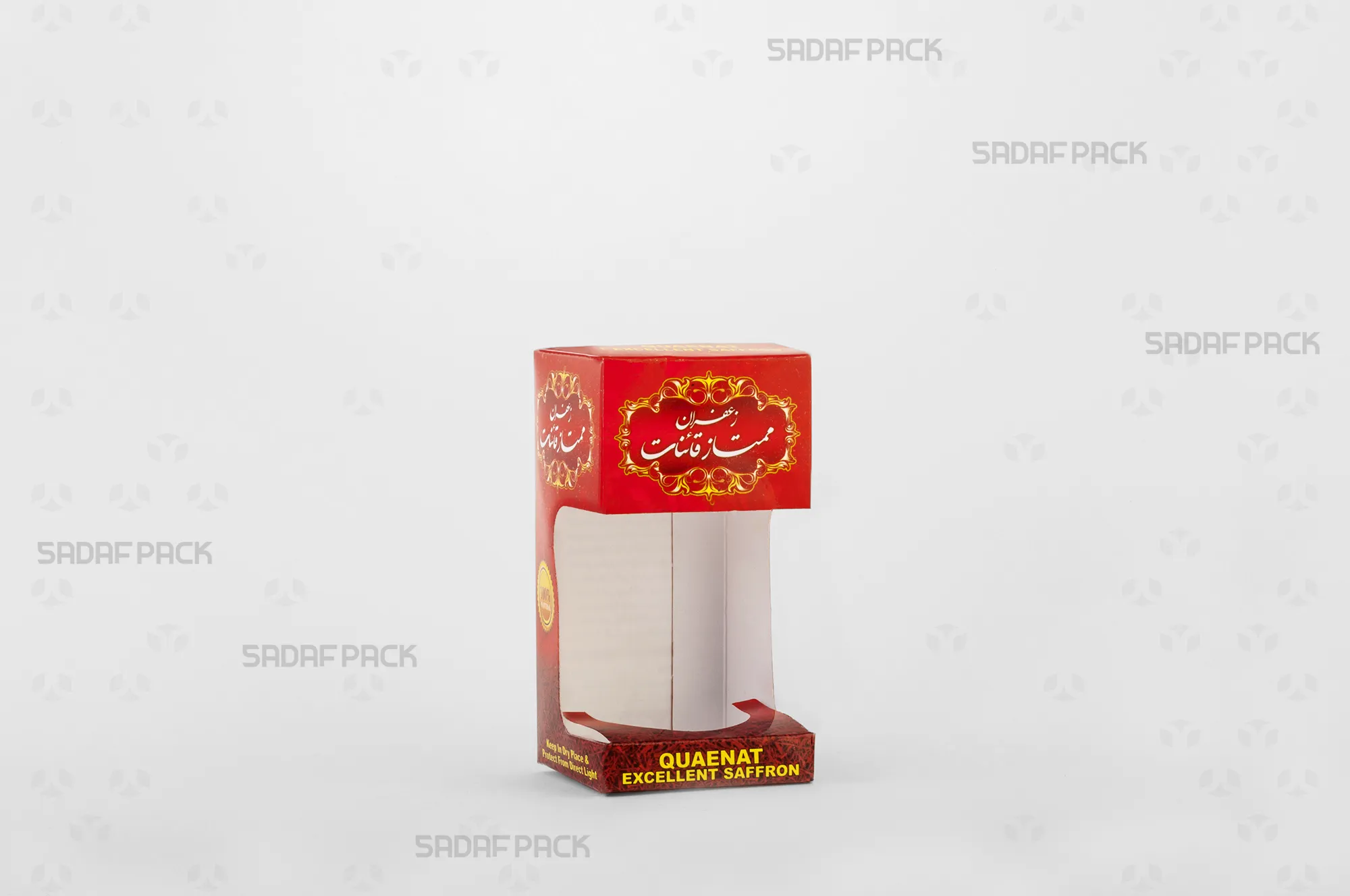 باکس مقوایی قرمز قوطی کریستالی میلاد متوسط صدف پک با پنجره شفاف مناسب بستهبندی زعفران برای هدیه و صادرات