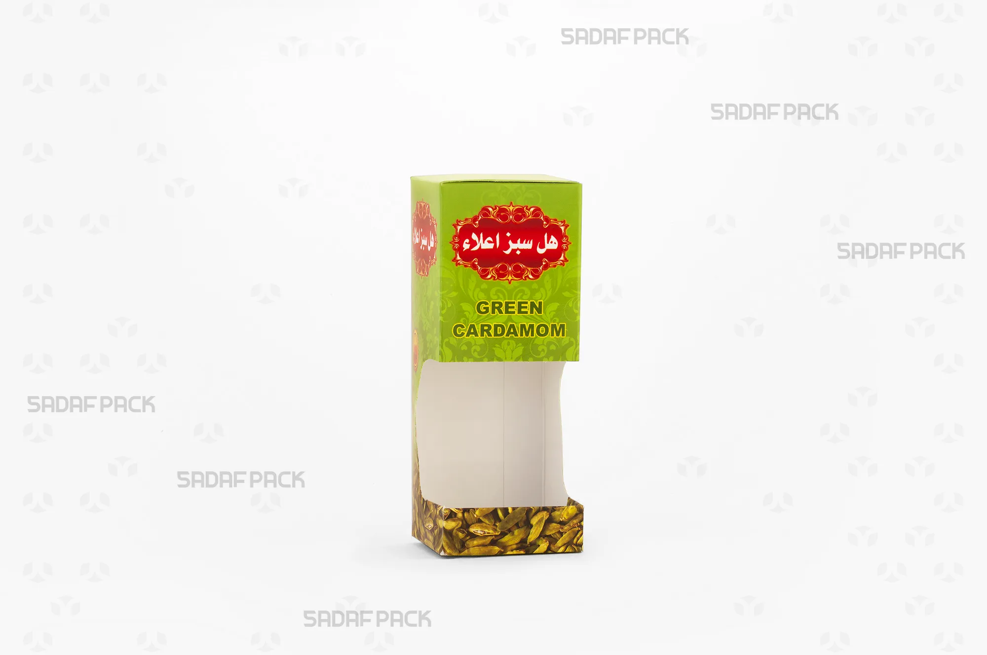 باکس مقوایی سبز قوطی کریستالی آذین متوسط صدف پک با پنجره شفاف مناسب بستهبندی هل برای هدیه و صادرات