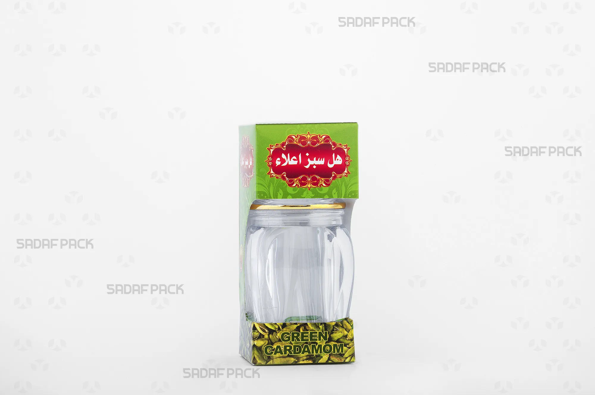 باکس مقوایی سبز قوطی کریستالی گوهر بزرگ صدف پک با پنجره شفاف و قوطی کریستالی گوهر بزرگ برای بستهبندی هل هدیه صادرات و سوغات