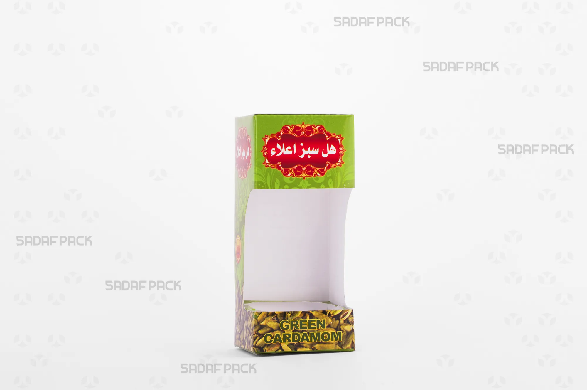 باکس مقوایی سبز قوطی کریستالی گوهر بزرگ صدف پک با پنجره شفاف مناسب بستهبندی هل برای هدیه و صادرات