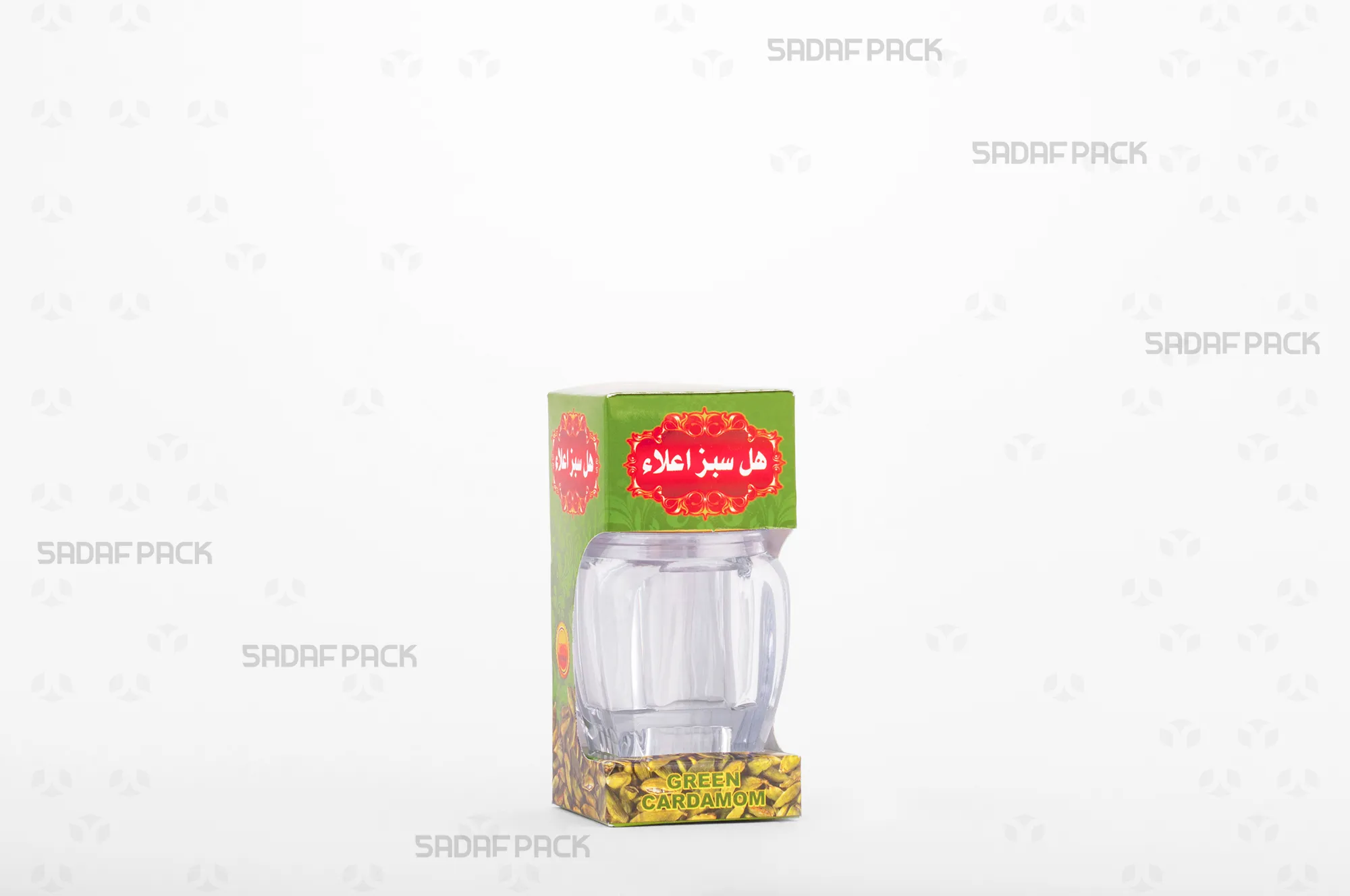 باکس مقوایی سبز قوطی کریستالی گوهر متوسط صدف پک با پنجره شفاف و قوطی کریستالی گوهر متوسط برای بستهبندی هل هدیه صادرات و سوغات