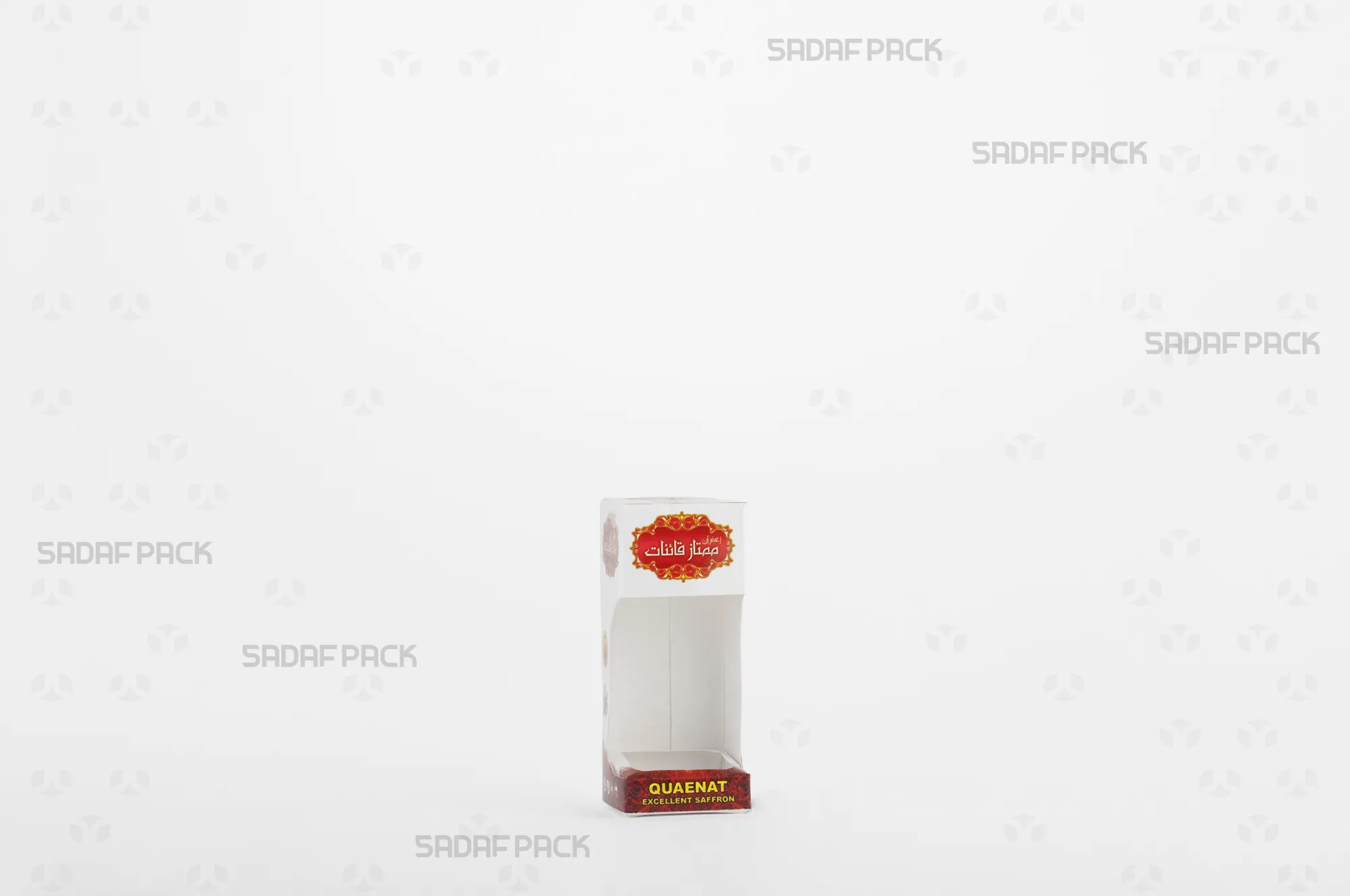 باکس مقوایی قرمز قوطی کریستالی گوهر نقلی صدف پک با پنجره شفاف مناسب بستهبندی زعفران برای هدیه و صادرات