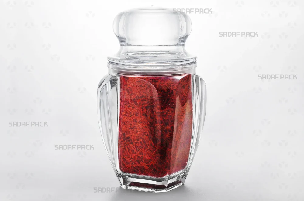 ظرف گوهر لارج پر شده با زعفران، مناسب برای بسته‌بندی و صادرات خشکبار و شیرینی‌جات لوکس 