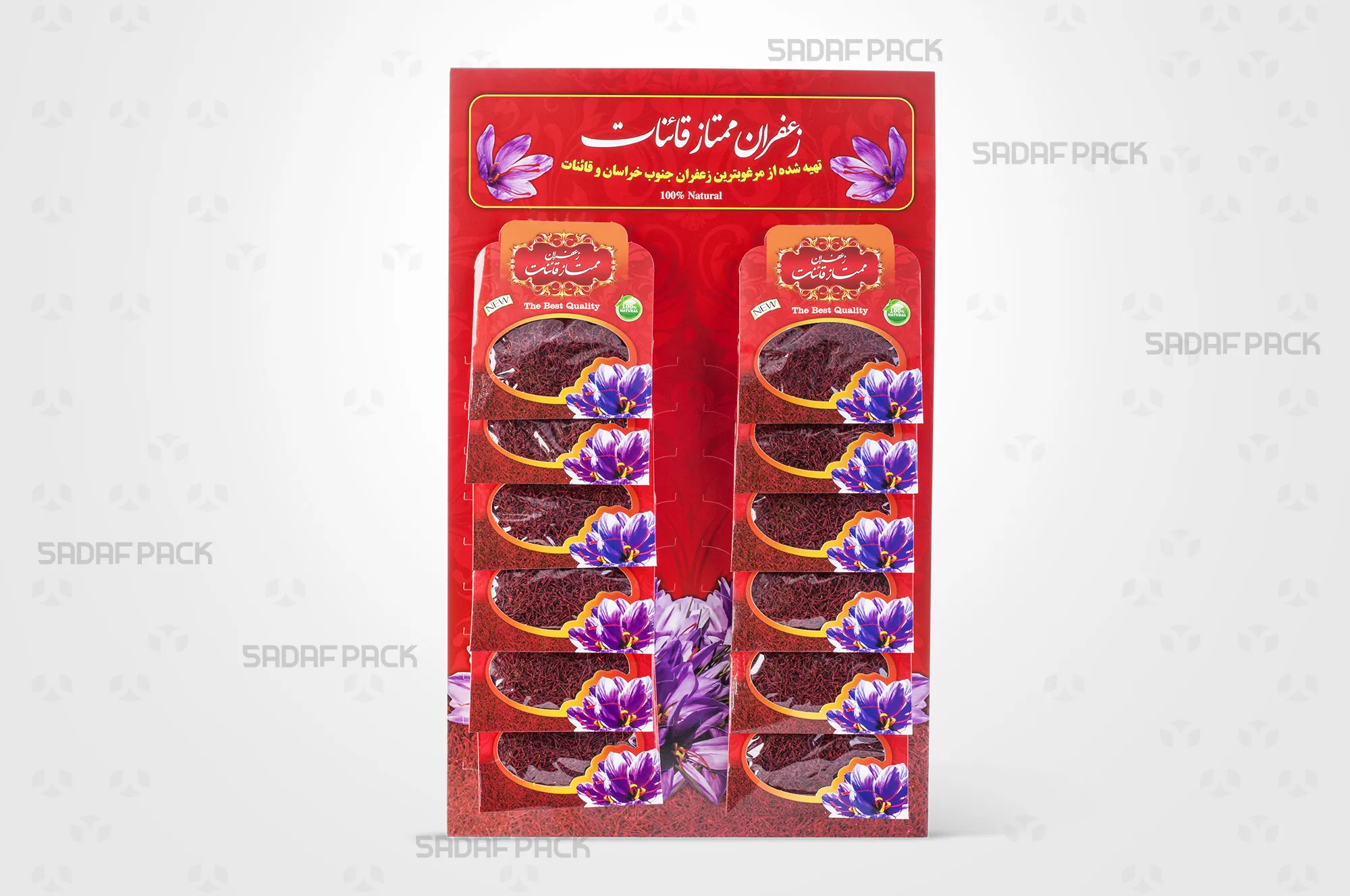 کارت آویز برش دار 43×27 سانتیمتر قرمز صدف پک با پاکتهای زعفران یک مثقال 20 عددی برای نمایش و سازماندهی محصول در ویترین فروشگاه