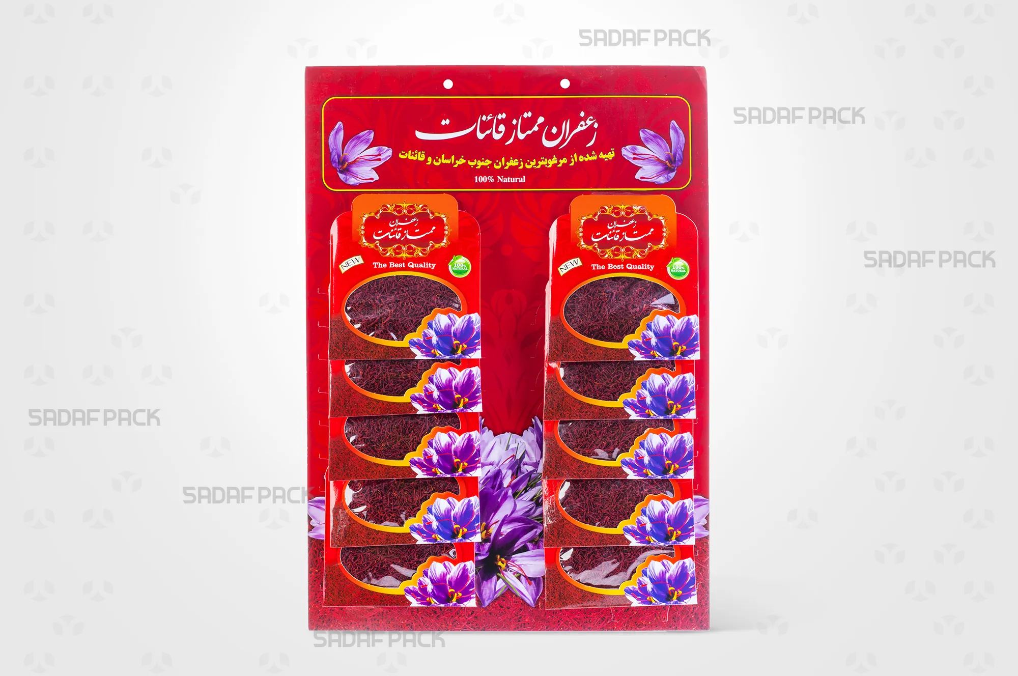 کارت آویز برش دار قرمز صدف پک با پاکتهای زعفران نیم گرم 30 عددی برای نمایش و سازماندهی محصول در ویترین فروشگاه