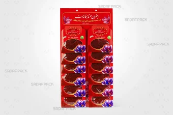 کارت آویز برش دار قرمز صدف پک با پاکتهای زعفران یک گرمی 20 عددی برای نمایش و سازماندهی محصول در ویترین فروشگاه