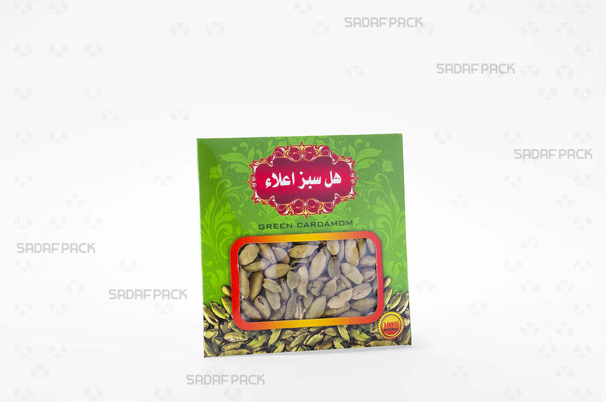 پاکت 10*10 سبز طرح قدیم صدف پک پر از هل برای بستهبندی 5 گرم هل