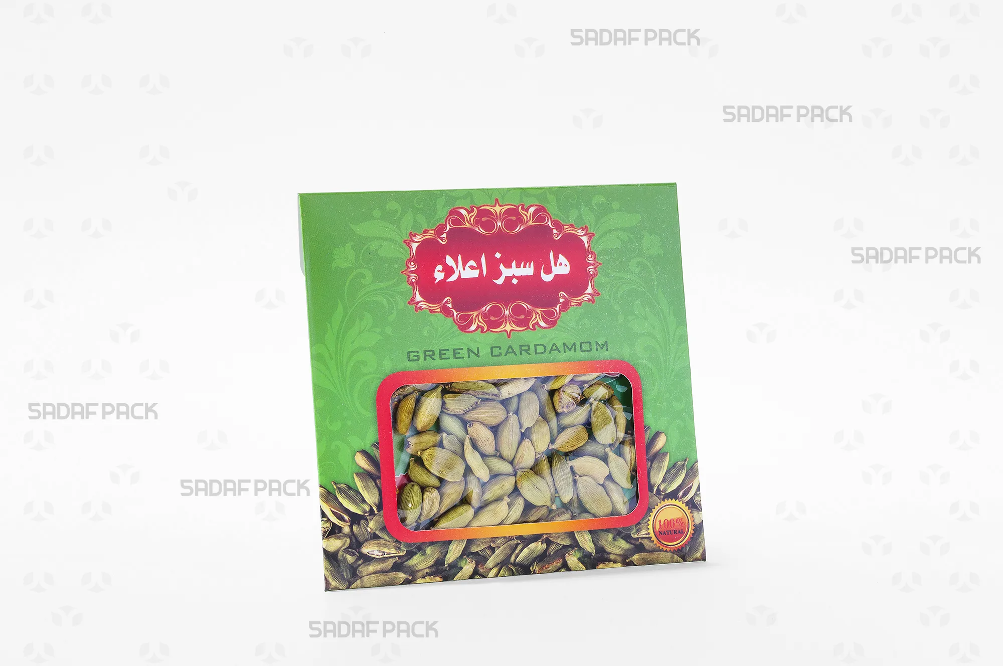 پاکت هل 11*11 سبز طرح قدیم صدف پک پر از هل، مناسب برای بستهبندی 10 گرم هل