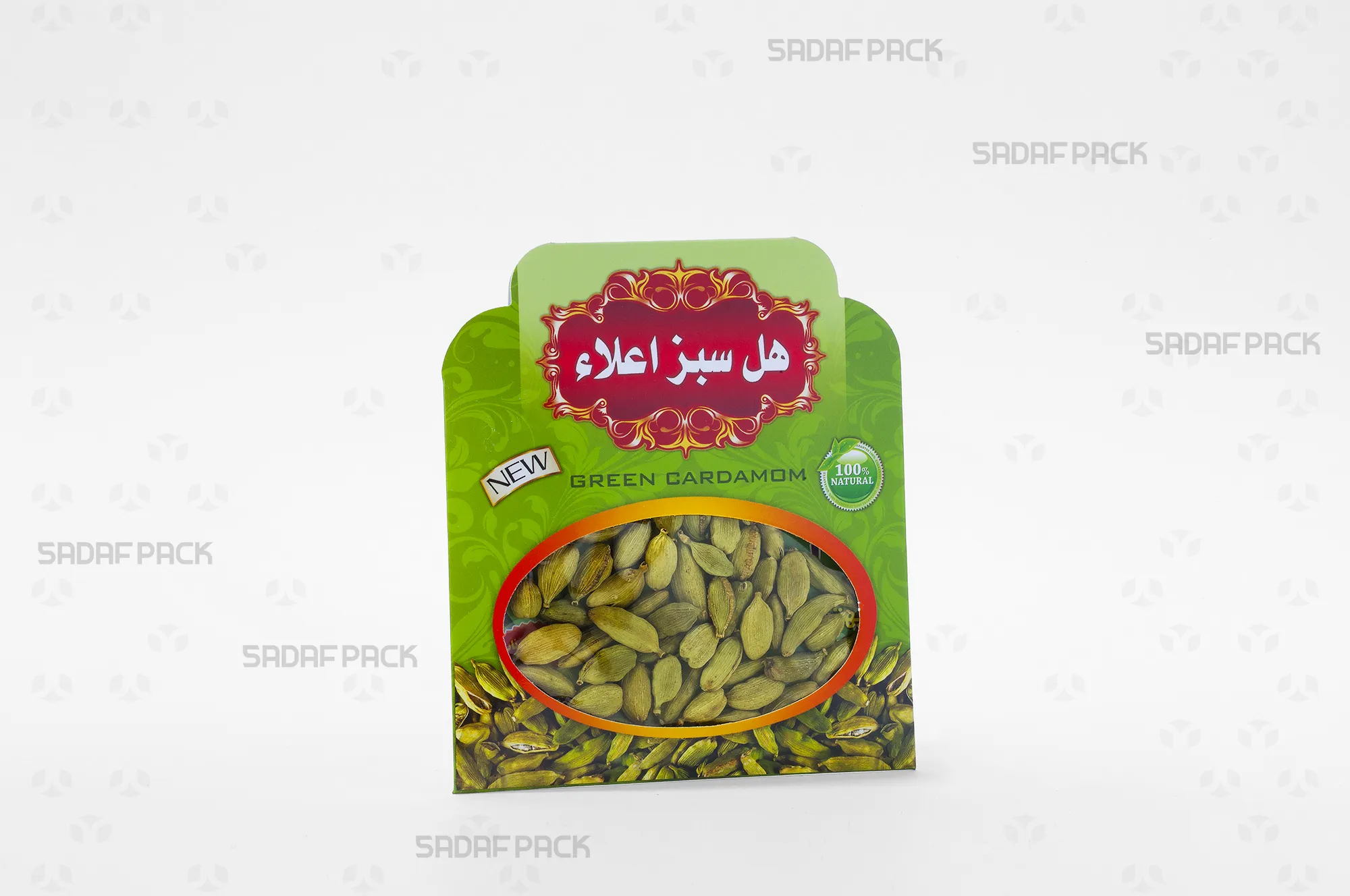 پاکت هل نیم مثقال جدید سبز صدف پک حاوی هل با سلفون داخلی و پنجره بیضی شفاف برای بستهبندی اقتصادی 5 گرم هل