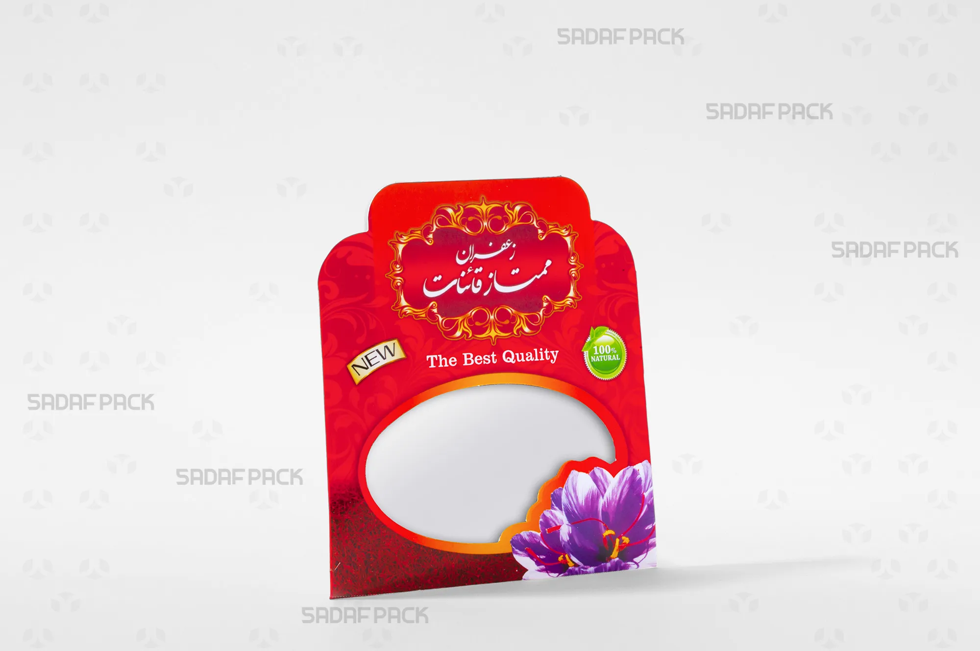 پاکت زعفران نیم مثقال جدید قرمز صدف پک خالی با طرح تاجدار و پنجره بیضی شفاف مناسب بستهبندی نیم مثقال زعفران