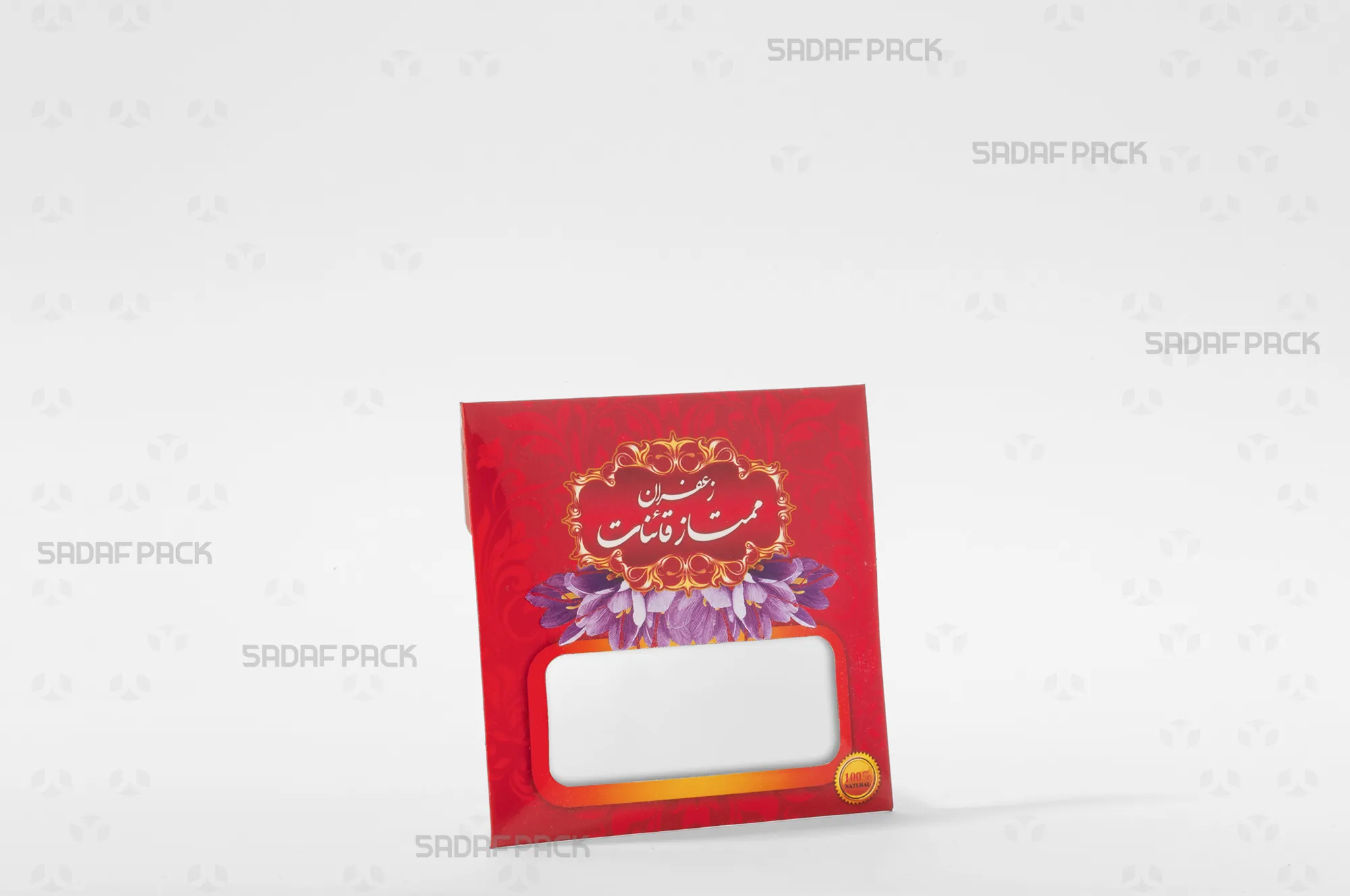 پاکت زعفران یک گرم قدیم قرمز صدف پک خالی با طرح مستطیلی کلاسیک و پنجره شفاف برای بستهبندی زعفران