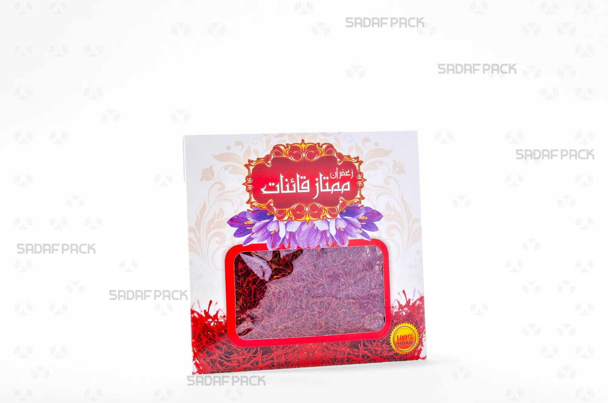 پاکت 11*11 سفید طرح قدیم صدف پک پر از زعفران برای بستهبندی یک مثقال زعفران سرگل