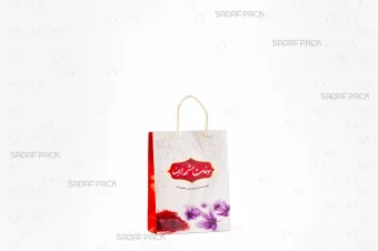 ساک دستی مقوایی 17×22 سانتی‌متر صدف پک با طرح مذهبی و سوغاتی با دسته طناب مناسب بسته‌bندی هدیه محصولات زعفران و سوغات خراسان