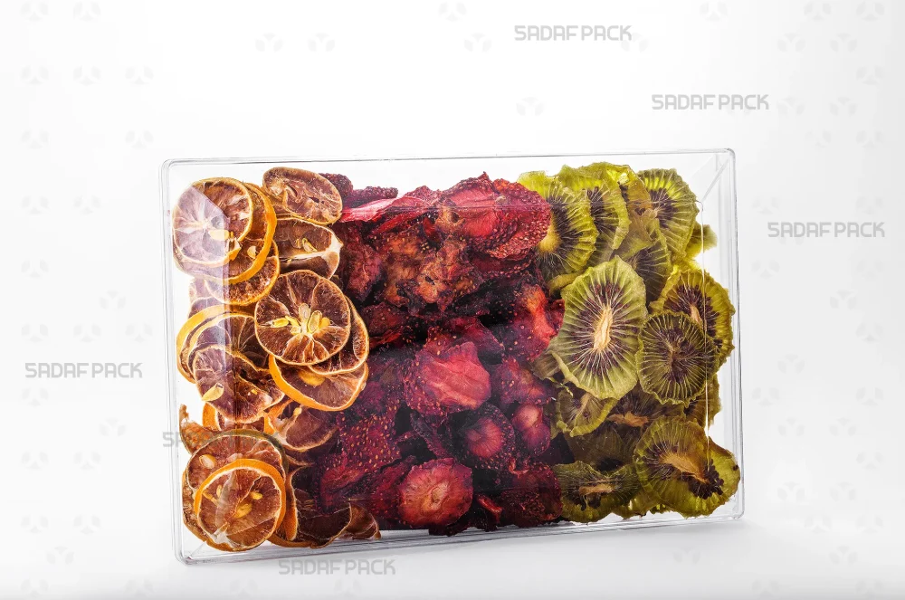 ظرف کریستالی مستطیل 200 پر شده با میوه خشک، ایده‌آل برای بسته‌بندی صادراتی و لوکس 