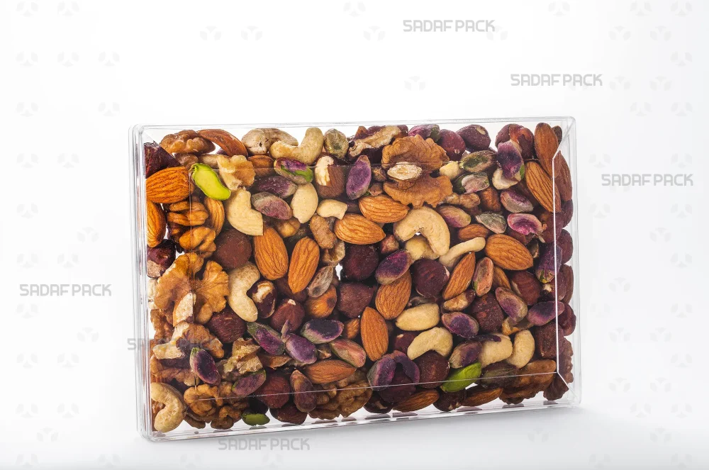 ظرف کریستالی مستطیل 200 پر شده با آجیل مخلوط، ایده‌آل برای بسته‌بندی صادراتی و لوکس 