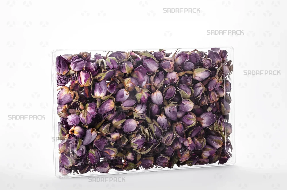 ظرف کریستالی مستطیل 200 پر شده با گل محمدی، ایده‌آل برای بسته‌بندی صادراتی و لوکس 