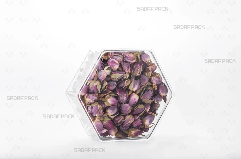 ظرف شش ضلعی کوتاه صدف پک پر شده با گل محمدی، گزینه‌ای لوکس برای بسته‌بندی و صادرات 