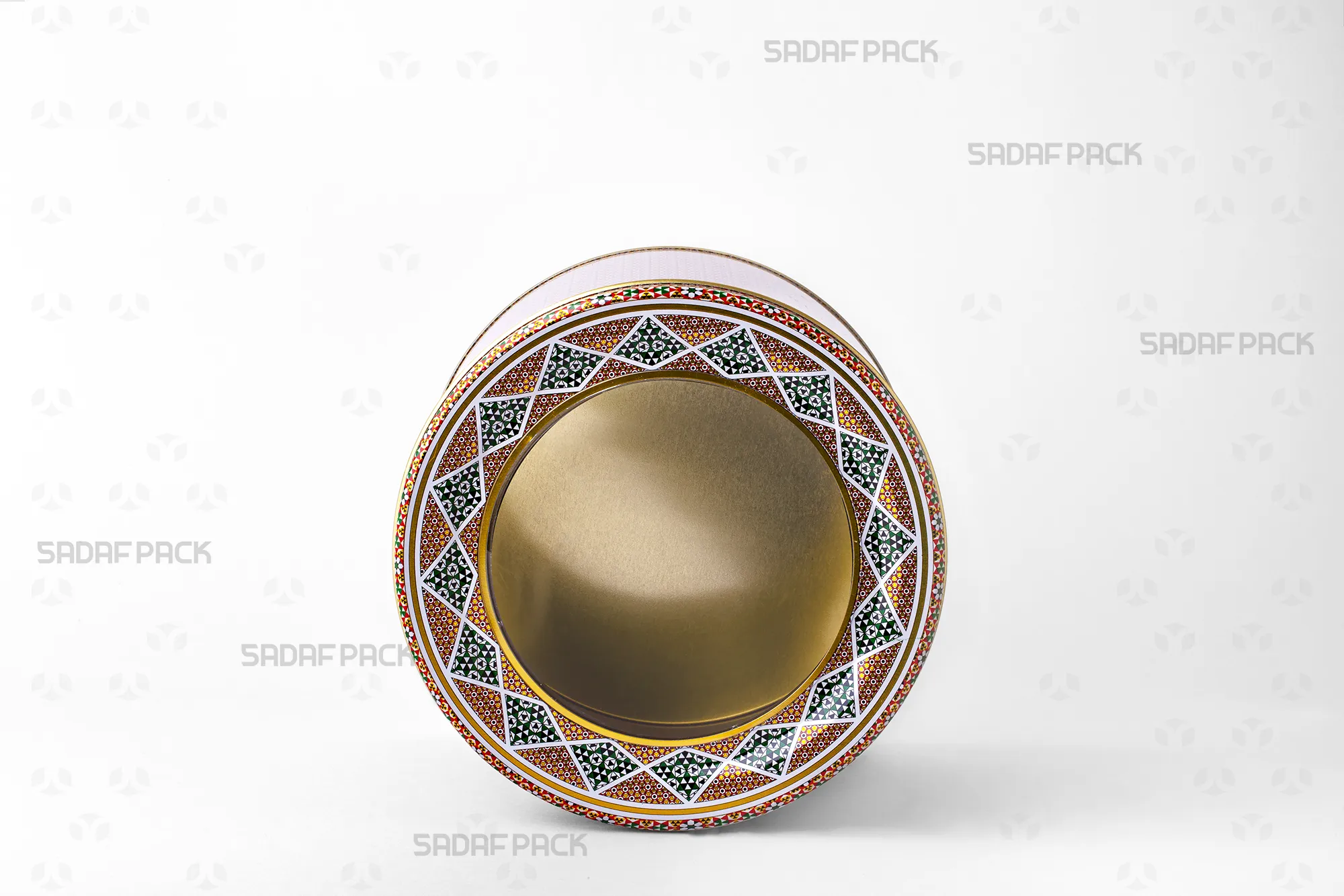 نمای روبرو از قوطی فلزی گرد با قطر 17 و ارتفاع 15 سانت، نمایش ساختار مقاوم و بدنه فلزی برای حفظ کیفیت محصول