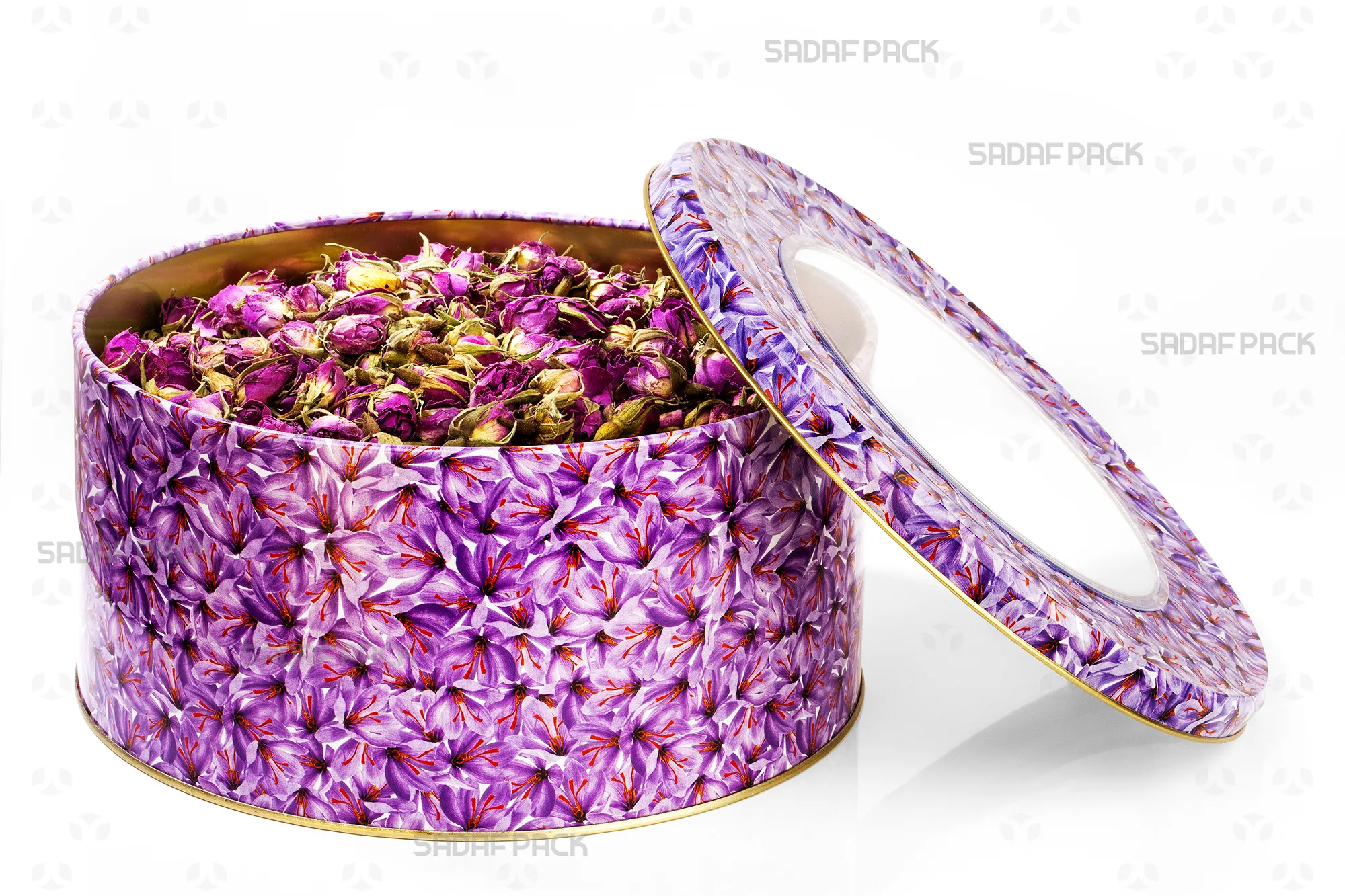 قوطی فلزی گرد 23 در 10 سانت صدف پک با طرح گل زعفران که با غنچه گل محمدی پر شده است، نمای بالا با درب باز نشان دهنده ظرفیت.