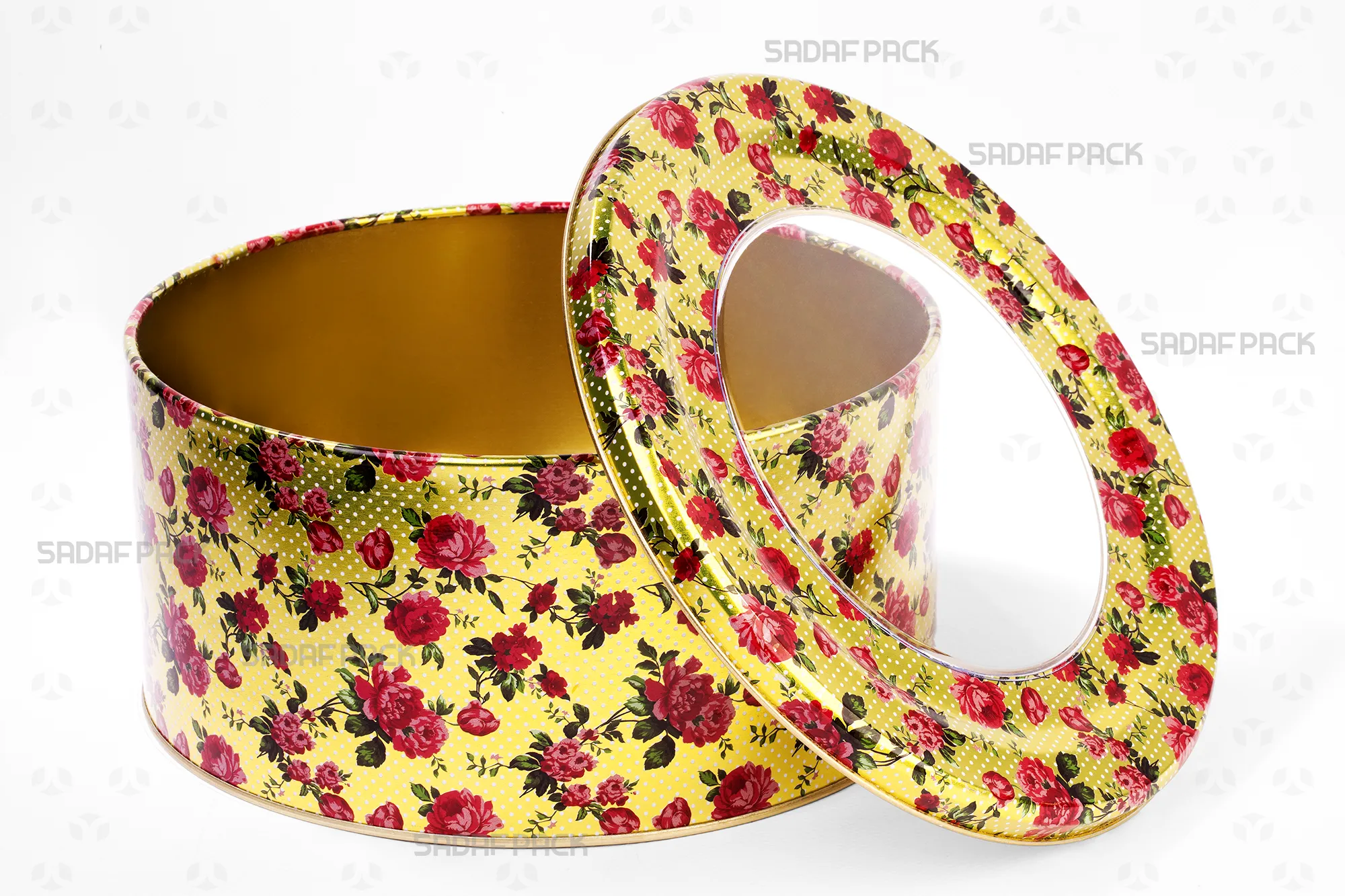 نمای بالا از قوطی فلزی خالی 23 در 10 سانت صدف پک با طرح رز طلایی، درب باز است و فضای داخلی آن برای نمایش ظرفیت قابل مشاهده است.