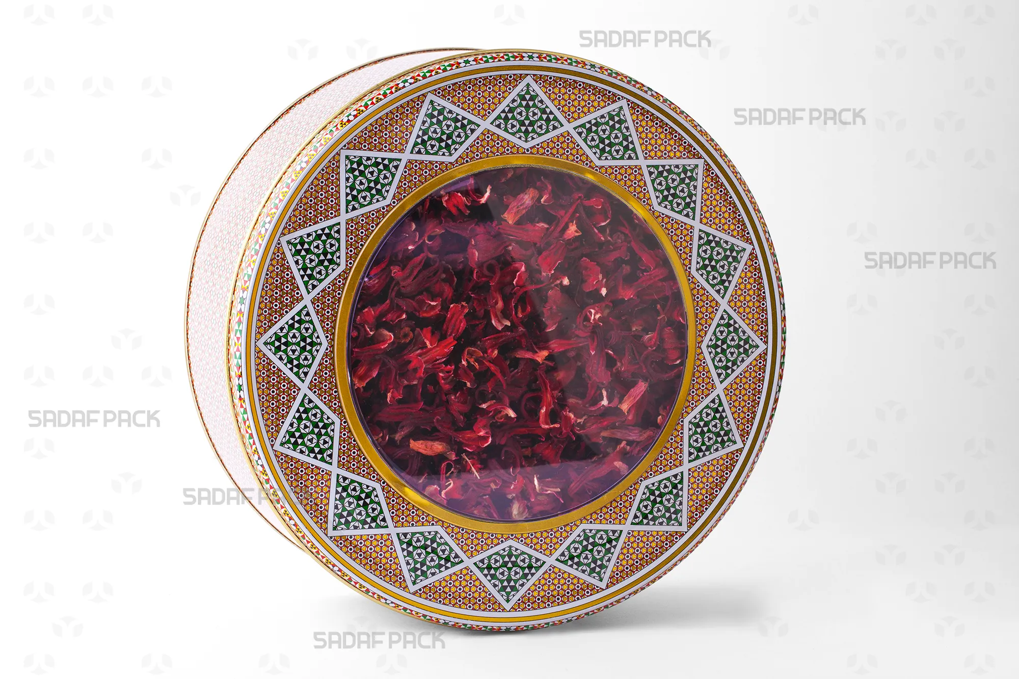 قوطی فلزی گرد 23 در 8 سانت صدف پک پر شده با چای ترش، مناسب برای بسته بندی صادراتی