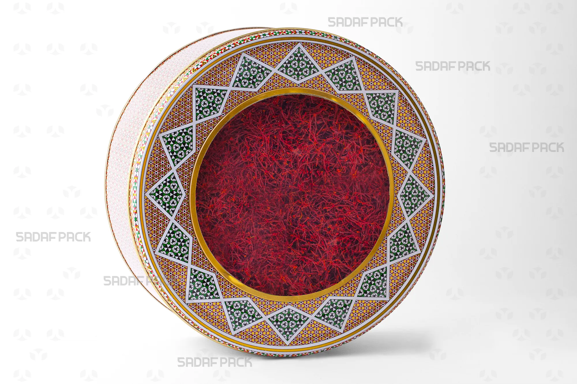قوطی فلزی گرد 23 در 8 سانت صدف پک پر شده با زعفران، مناسب برای بسته بندی صادراتی