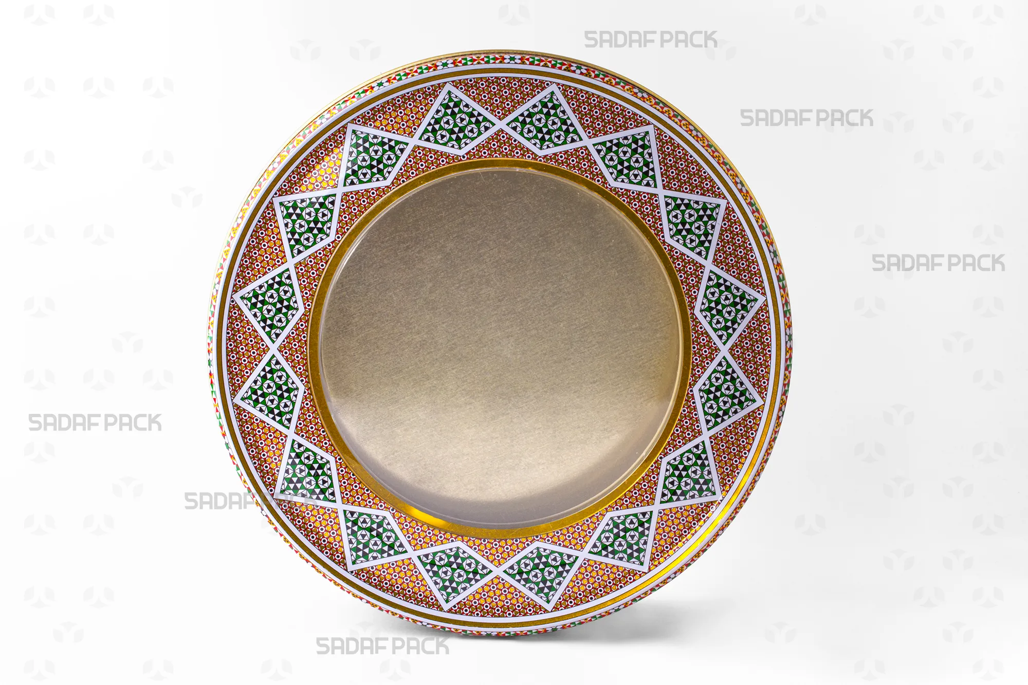 نمای روبرو از قوطی فلزی دایره ای قطر 23 سانت صدف پک، نمایش ساختار و بدنه مستحکم فلزی با عمق 8 سانتی متر