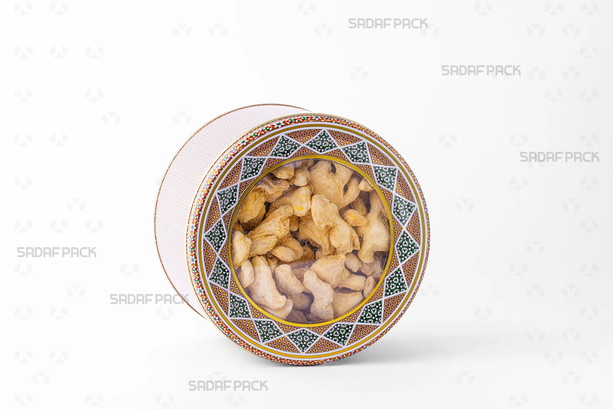 قوطی فلزی دایره ای 17 در 10 سانت پر شده با ریشه زنجبیل، مناسب برای حفظ تازگی و کیفیت محصولات