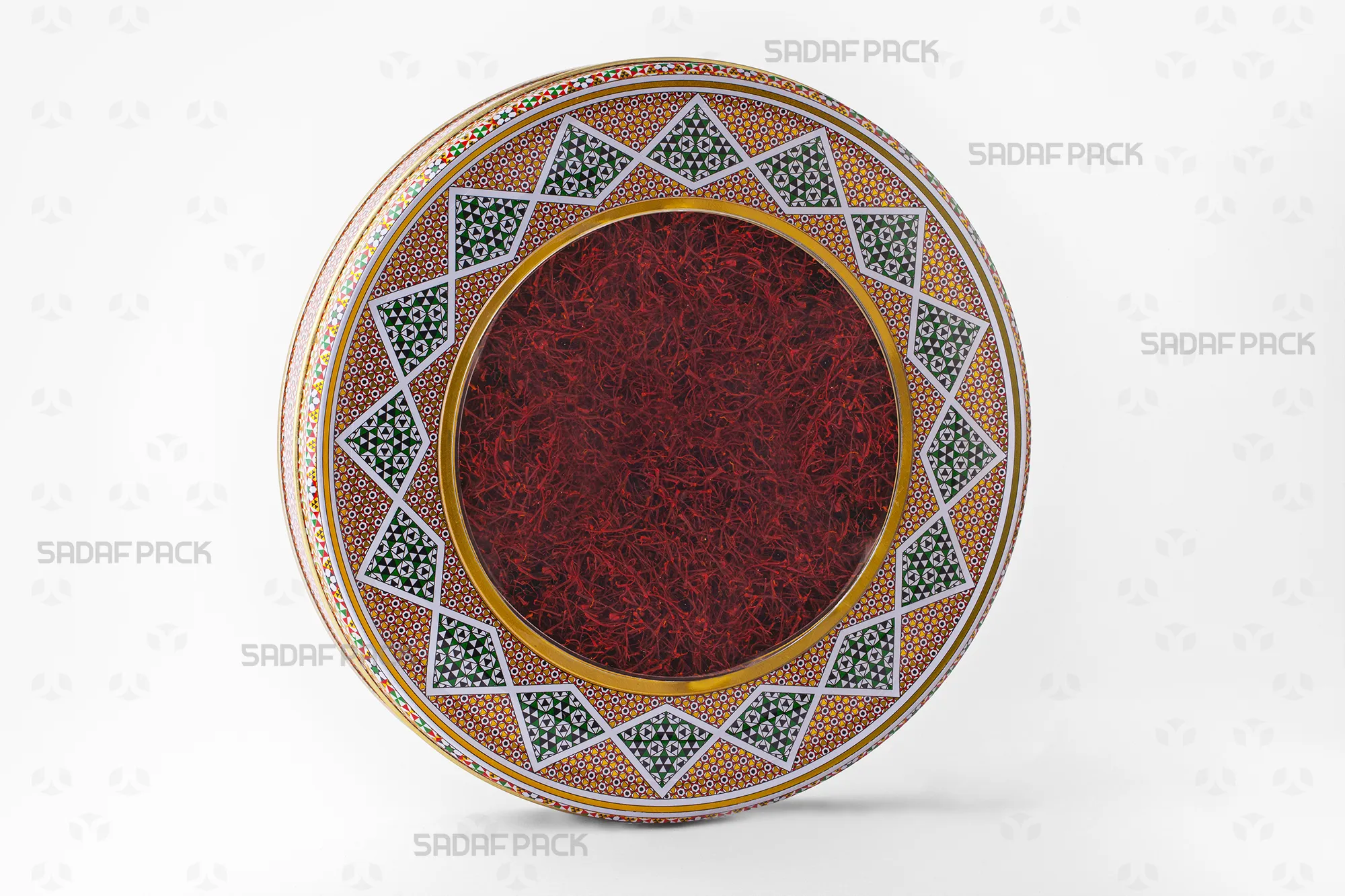 قوطی فلزی گرد 23 سانتی با عمق 3 سانتی متر صدف پک پر شده با زعفران، ایدهآل برای حفظ کیفیت و تازگی محصولات صادراتی